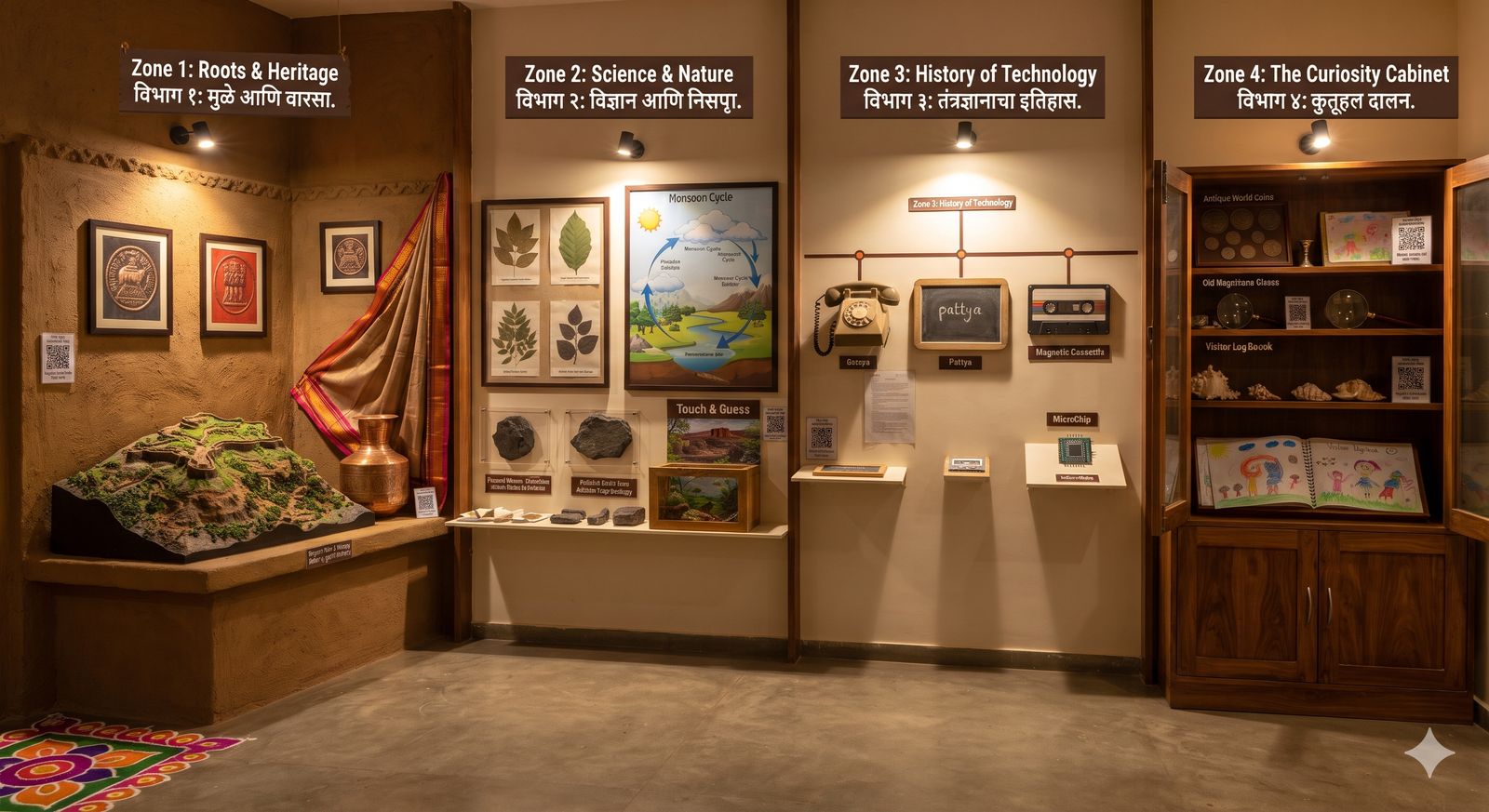 The home museum with its four zones: Roots and Heritage, Science and Nature, History of Technology and the Curiosity Cabinet